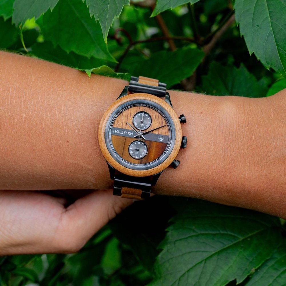 HOLZKERN WOMAN'S AVIGNON 2 FACE DIAL MANGO / TIGERS EYE QUARTZ 38 MM DIAL WATCH